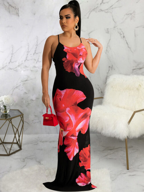 5G3VSpaghetti Strap Floral Print Women s Dresses Vintage Cross Backless Side High Split Vestidos Summer Bohemian