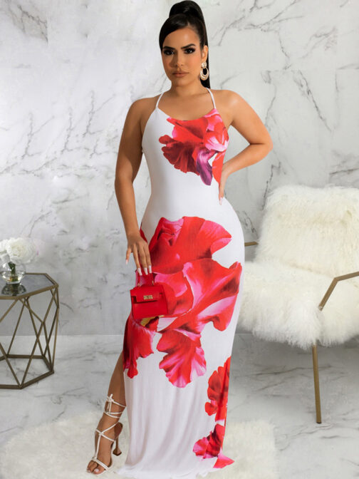 COBTSpaghetti Strap Floral Print Women s Dresses Vintage Cross Backless Side High Split Vestidos Summer Bohemian