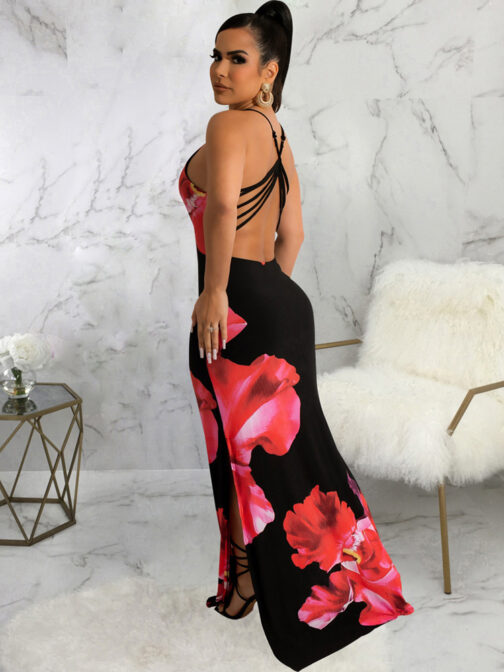 MiKpSpaghetti Strap Floral Print Women s Dresses Vintage Cross Backless Side High Split Vestidos Summer Bohemian