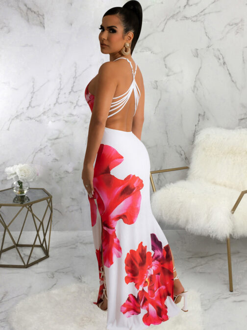 OEvnSpaghetti Strap Floral Print Women s Dresses Vintage Cross Backless Side High Split Vestidos Summer Bohemian