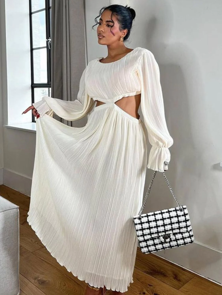 Cool It Cut-Out Waist Button Midi Dress Bone