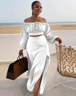 Off Tie Shoulder Crop Top and Side Slit Skirt