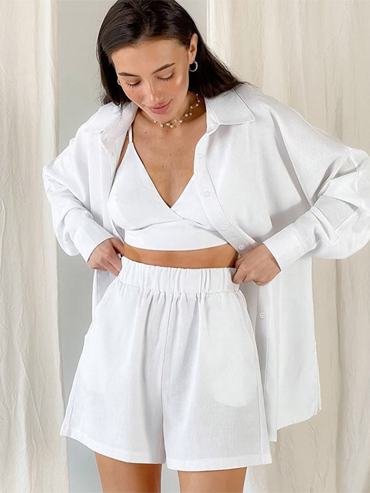 Oduvautumn Cotton Three Piece Set Women Bra Long Sleeve Button Shirt Elastic Waist Shorts Female Suit