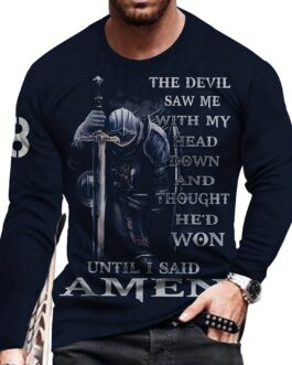 Warrior & Letter Print Men’s Retro Style Long Sleeve Crew Neck T-shirt