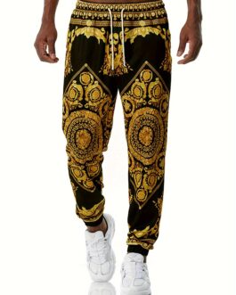 Men’s Retro Print Casual Trousers Long Pants Streetwear