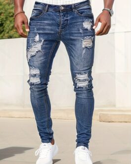 SlMen’s Casual Street Style Distressed Medium Stretch Denim Pants