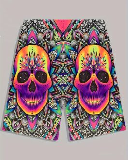 Men’s Floral Skull Graphic Shorts – 3D Print Elastic Waist Slightly Stretch