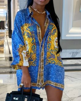 Boho 3/4 Sleeve Collared Baroque Floral Print Blouse