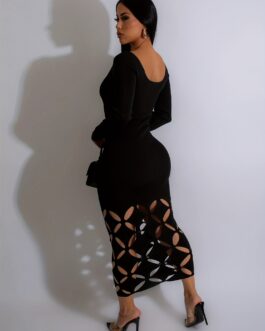 Hollow Solid Midi Dress