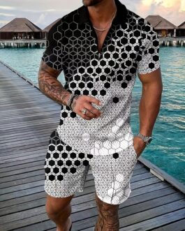 Mondrian Style/ Ombre Men’s 2Pcs Outfits Lapel Shirt & Shorts Set