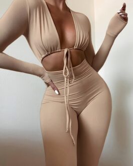 Solid Color Cut Out Slim Ruched Long Sleeve Tie Front Jumpsuit
