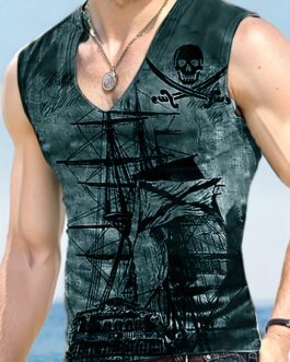 Anime Pirate Ship Pattern Men’s Retro Casual Sleeveless
