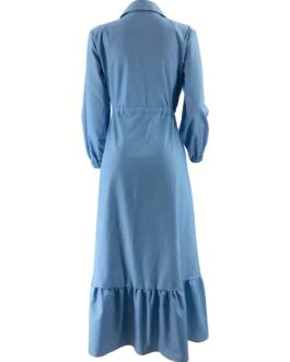 Ramadan Solid Button Front Kaftan Abaya Casual Long Sleeve Ruffle Hem Dress Without Hijab