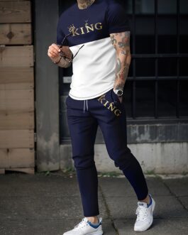 Men’s Casual 2pcs Set, “King” Print T-shirt + Joggers Matching Set For Fitness