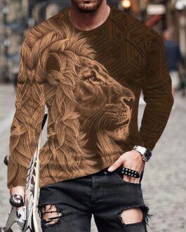 Retro Style Lion Head 3D Graphic Print Men’s Long Sleeve T-shirt