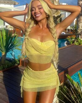 Sexy Crop Top & High Waist Ruffle Trim Mini Skirt Set