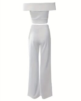 Solid Simple Two-piece Set, Off Shoulder Cropped Vest & High Waist Wide Leg Long Length Pants Outfits