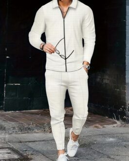 Waffle Pattern Men’s 2Pcs Outfits, Jacket Coat And Drawstring Sweatpants