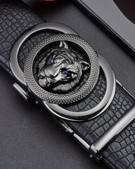 Men’s Calfskin Leather Snake Pattern Lion Head Buckle Belt Business Belt