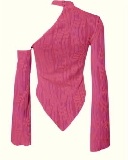 One Shoulder Bandana Frill Hem Halter Long Sleeve Asymmetric Neck Top