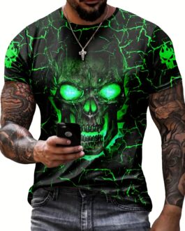 Skull Print, Men’s Graphic Design Crew Neck Active T-shirt