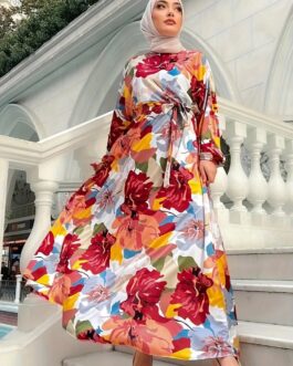 Floral Print Crew Neck Kaftan Abayas Lantern Sleeve Belted Dress