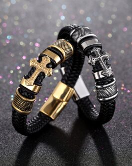 Retro Metal Cross Statement Leather Braided Bracelet For Men