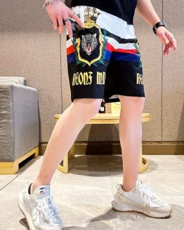 Crown & Tiger Pattern Comfy Beach Shorts With Slant Pocket