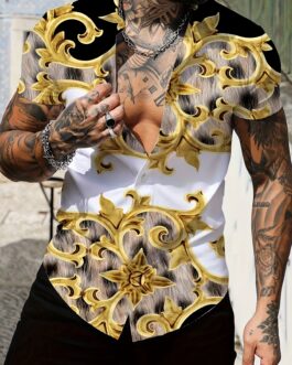Baroque Style Pattern Men’s Vintage Color Block Short Sleeve Lapel Shirt