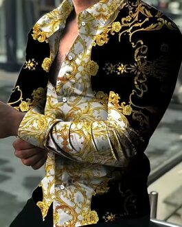 Plus Size Men’s Golden Flowers Graphic Print Long Sleeve Shirt For Spring/autumn, Men’s Clothing