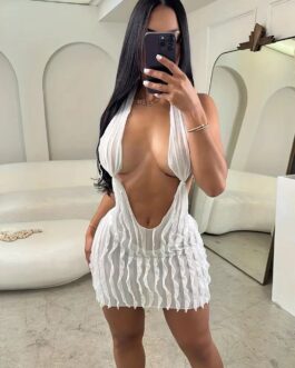 Wavy Stripe Halter Neck Dress, Vacation Sexy Solid Bodycon Dress