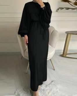 Solid Lantern Sleeve Kaftan Dress