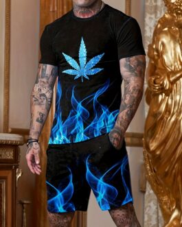 Blue Fire & Leaf Pattern Print, 2Pcs Outfits For Men