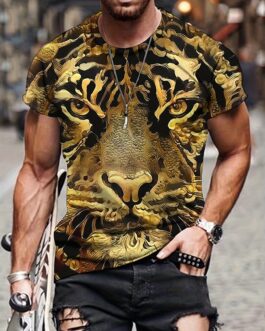 Men’s 3D Tiger Print T-shirt, Casual Comfy Mid Stretch Crew Neck Tee