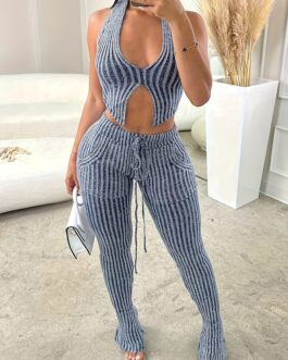 Split Hem Halter Neck Top & Drawstring Fit & Flare Pants Two Piece Set