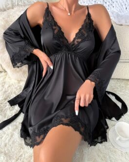 Deep V Slip Dress & Long Sleeve Robe With Belt