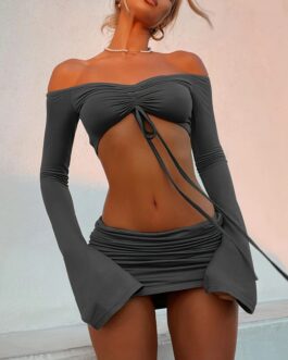 Sexy Drawstring Crop Top & Ruched Bodycon Skirt Two-piece Set