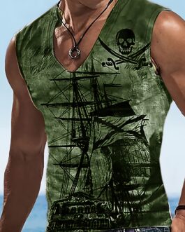 Anime Pirate Ship Pattern Men’s Retro Casual Sleeveless