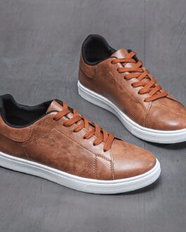Men’s Lace-up Sneakers, PU Leather Skate Shoes With Good Traction