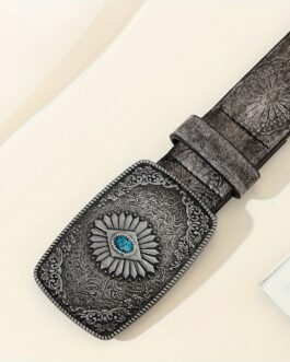 Vintage Square Carved Buckle Belts Boho Embossed PU Waistband