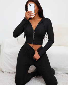 Zip Up Long Sleeve Hooded Tops & Slim Long Length Pants Two-piece Set