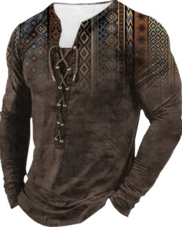 Bohemian Style Pattern Men’s Vintage Long Sleeve Henley Tee