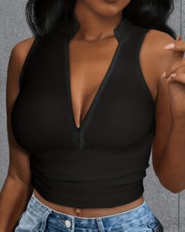 Kiena Ribbed Zip Decor Crop Top