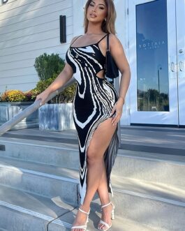 Abstract Print Cut Out Asymmetrical Sleeveless Split Thigh Dress