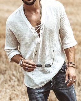 Men’s Retro Shirt Top V Neck Lace Up Collar Middle Sleeves