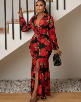 Vintage Floral Print Split Dress