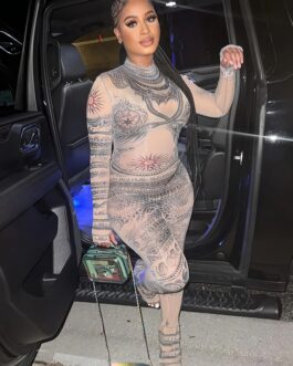 Print Flare Leg Long Sleeve Jumpsuit