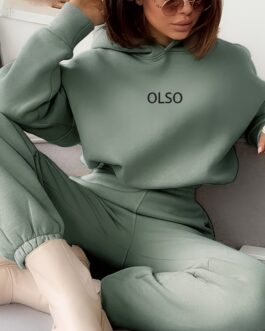 Letter Print Hooded Sweatshirt & Elastic Waist Sweatpants Two-piece Set