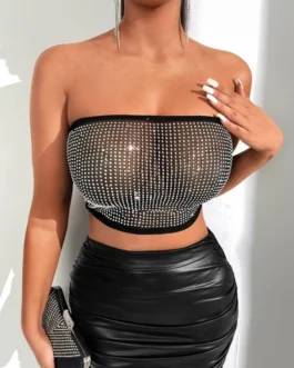 Rhinestone Detail Strapless Crop Tube Top