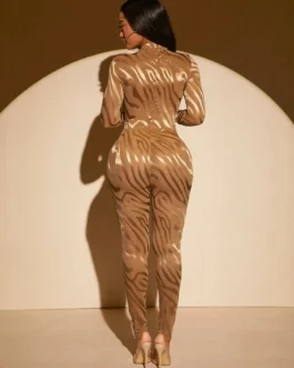 Zebra Striped Plunging Neck Jumpsuit